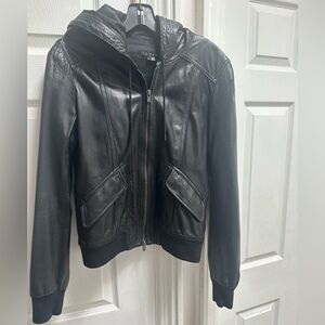 Theory black Leather Hooded Jacket size medium